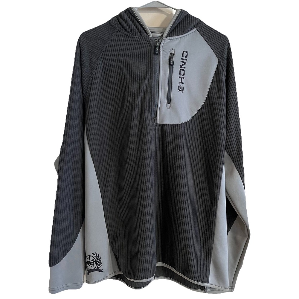 Cinch Quarter Zip Pullover Hoodie Grid Waffle Fleece Men's XL Gray‎ Western Logo